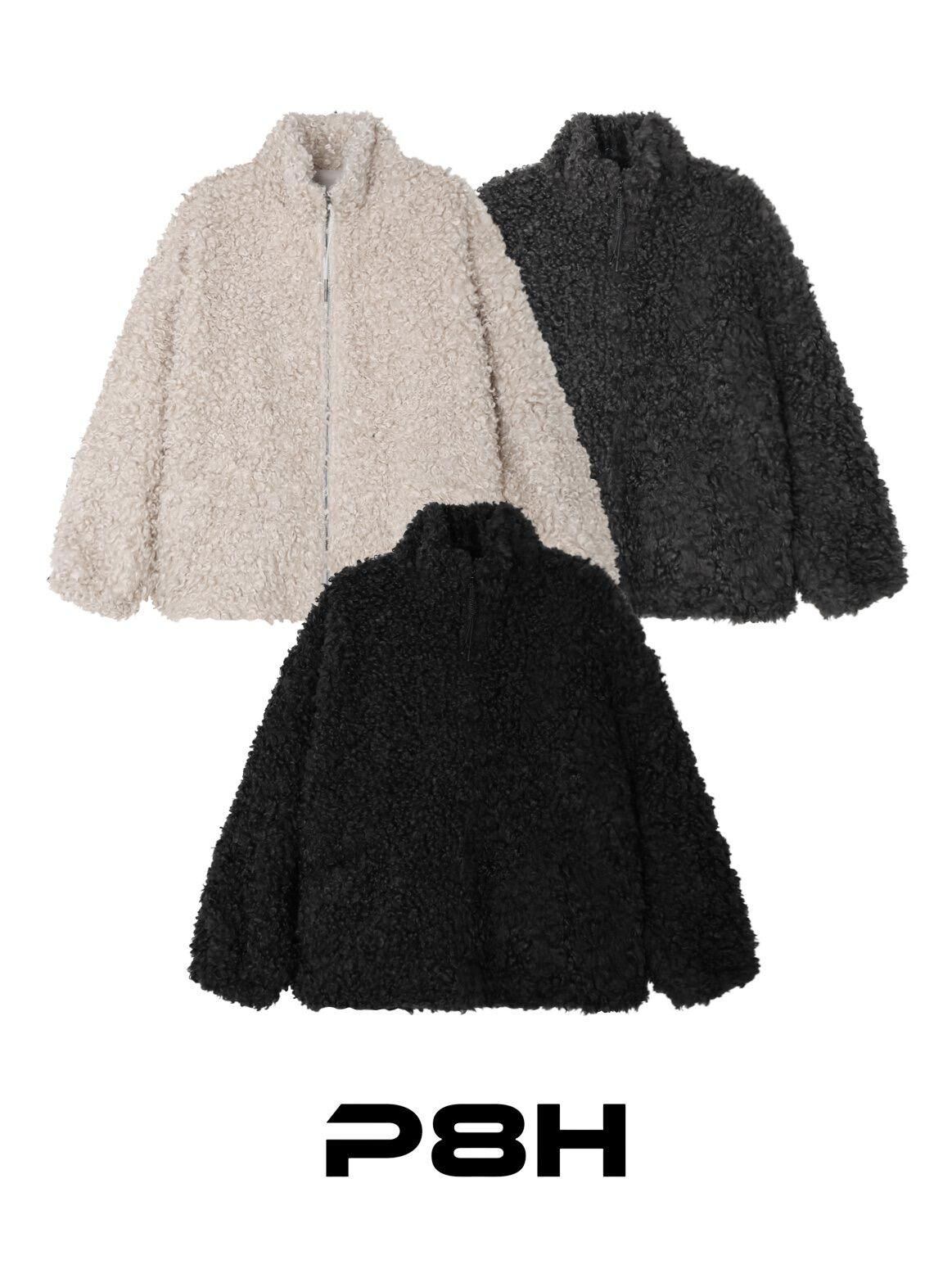 淨色企領拉鍊毛毛外套 P8H-164JK
