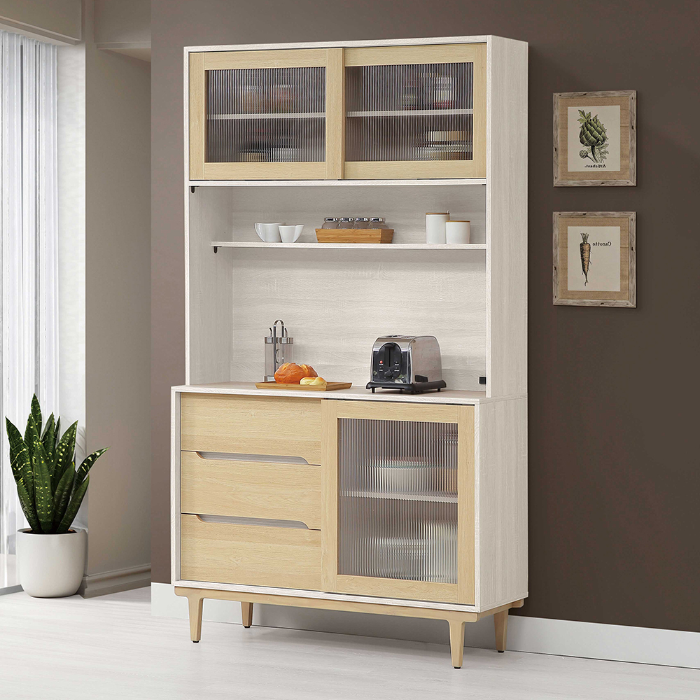 森迪4尺木面推門收納高餐櫃/碗盤櫃/電器櫃-附插座(上座+下座)