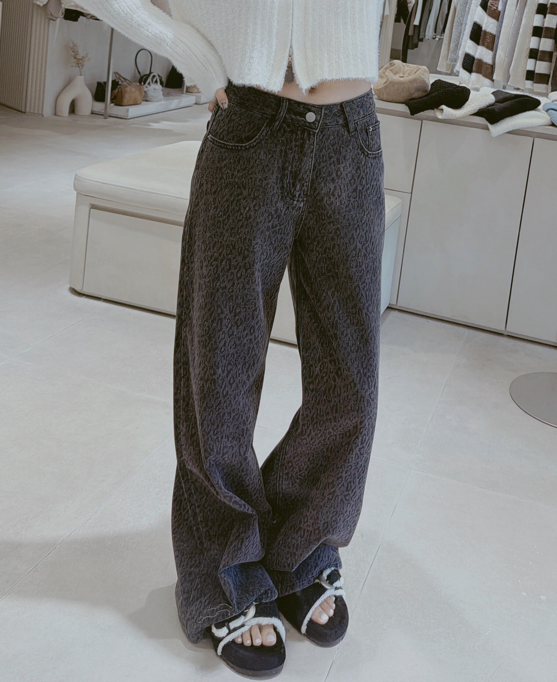 滿版黑豹紋牛仔寬褲 8173