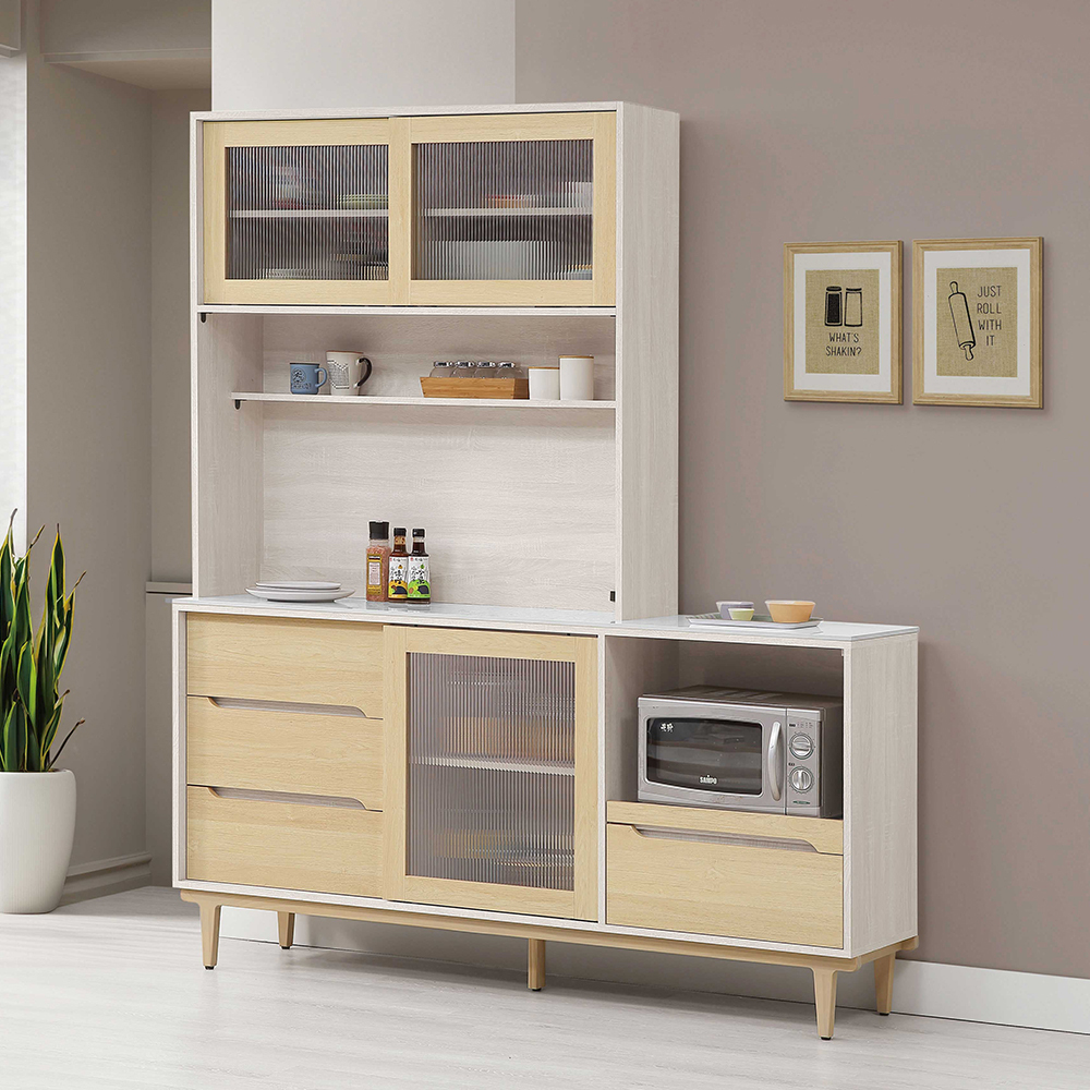 森迪6尺岩板推門收納高餐櫃/碗盤櫃/電器櫃-附插座(4尺上座+6尺下座)