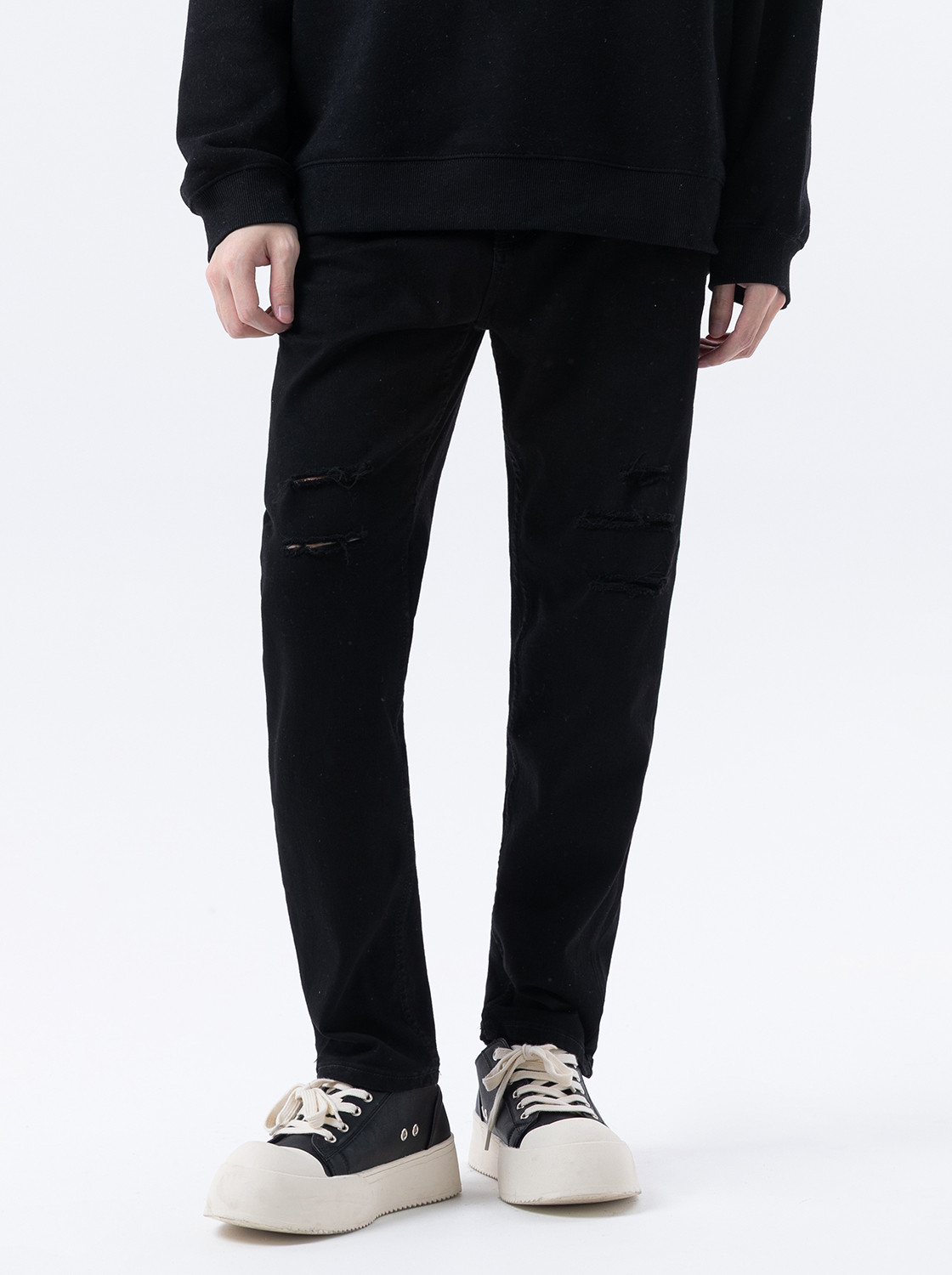 【期間限定】+6CM刀割造型彈力窄管牛仔褲