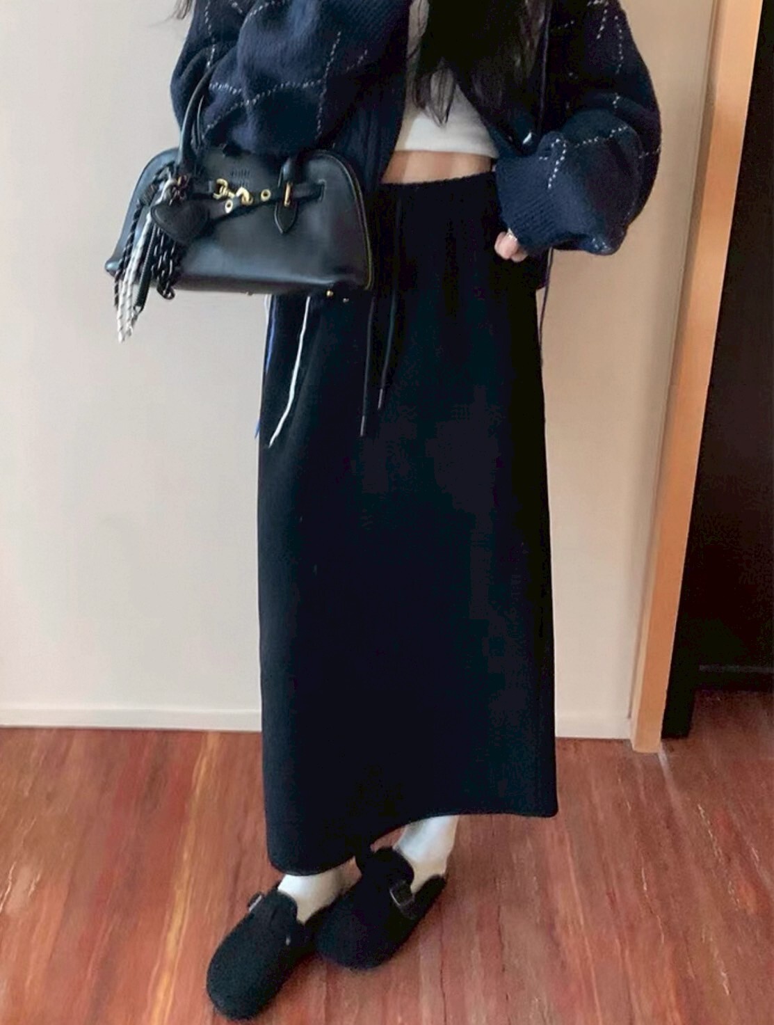 抽繩鬆緊側口袋羊絨長裙