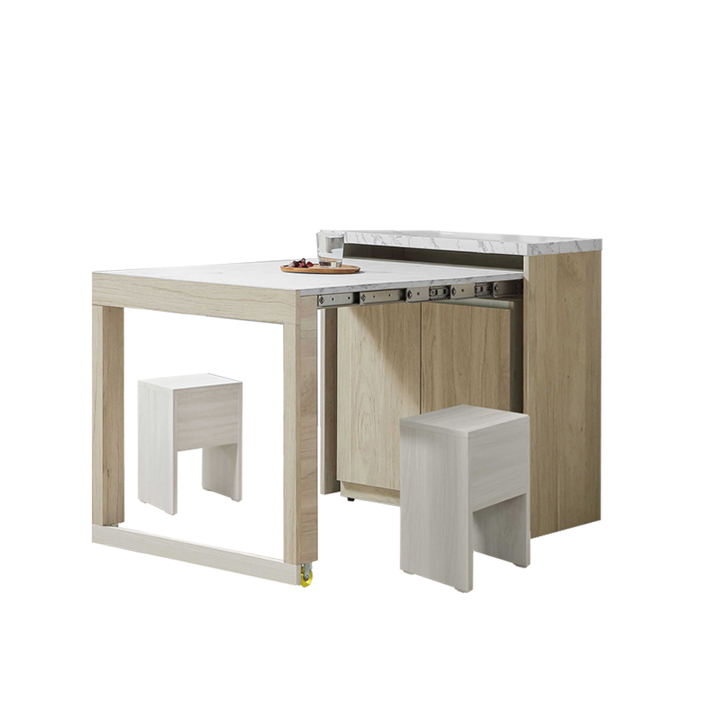 羅菲2.7尺仿石面多功能餐櫃餐桌/伸縮餐桌中島櫃(收納餐櫃+收合餐桌+椅凳)