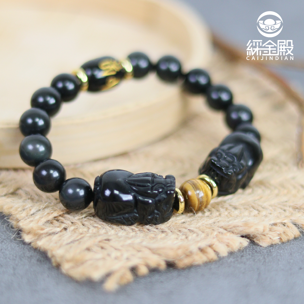 招財雙貔貅虎眼石手鍊(六字箴言)-10mm｜招財｜防小人｜擋煞｜ 避邪【綵金殿】