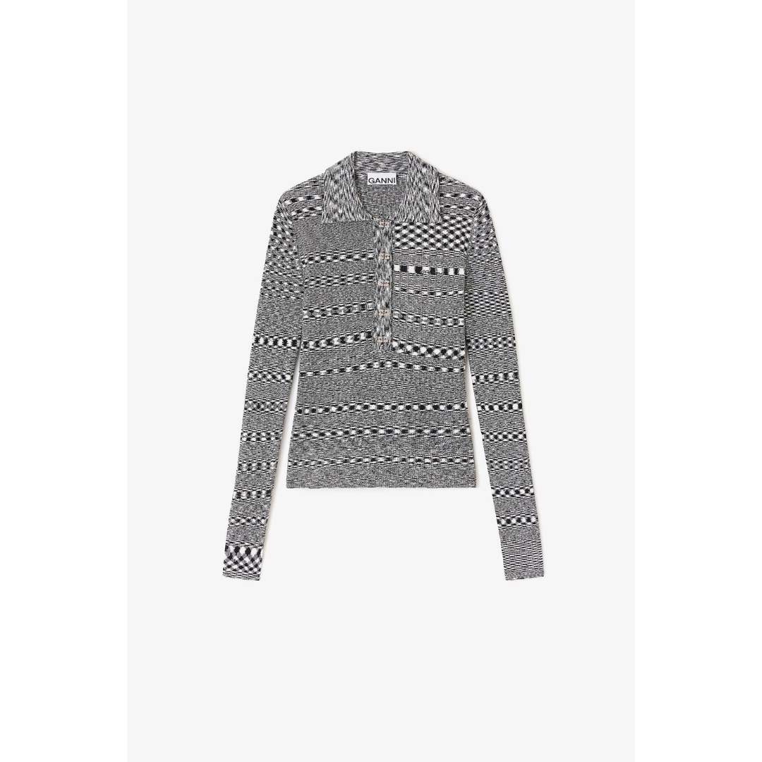 1VT1119-001 GANNI Striped Knitted Polo Shirt Grey #K2606 (C-EU-E)