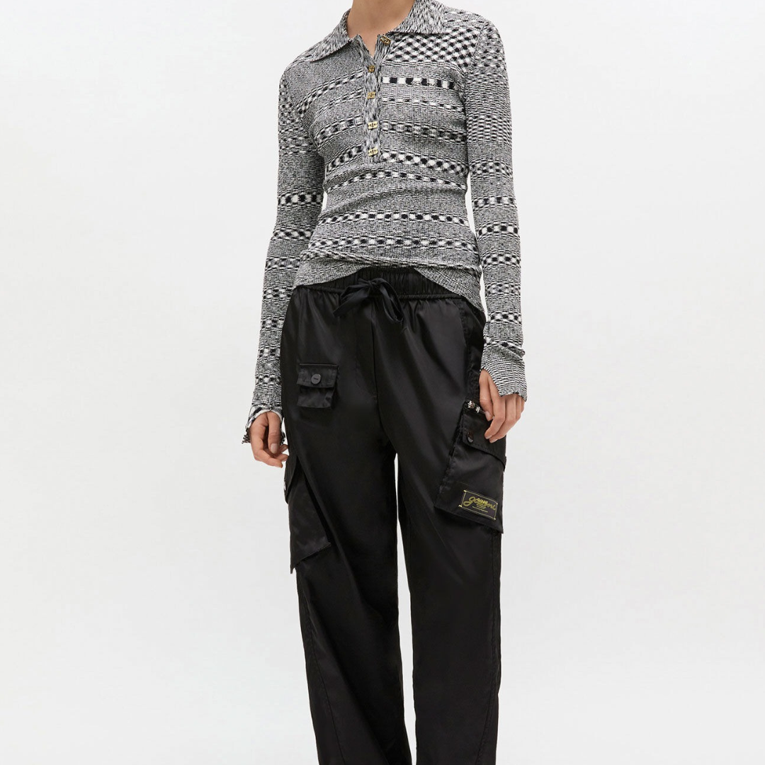 1VT1119-001 GANNI Striped Knitted Polo Shirt Grey #K2606 (C-EU-E)