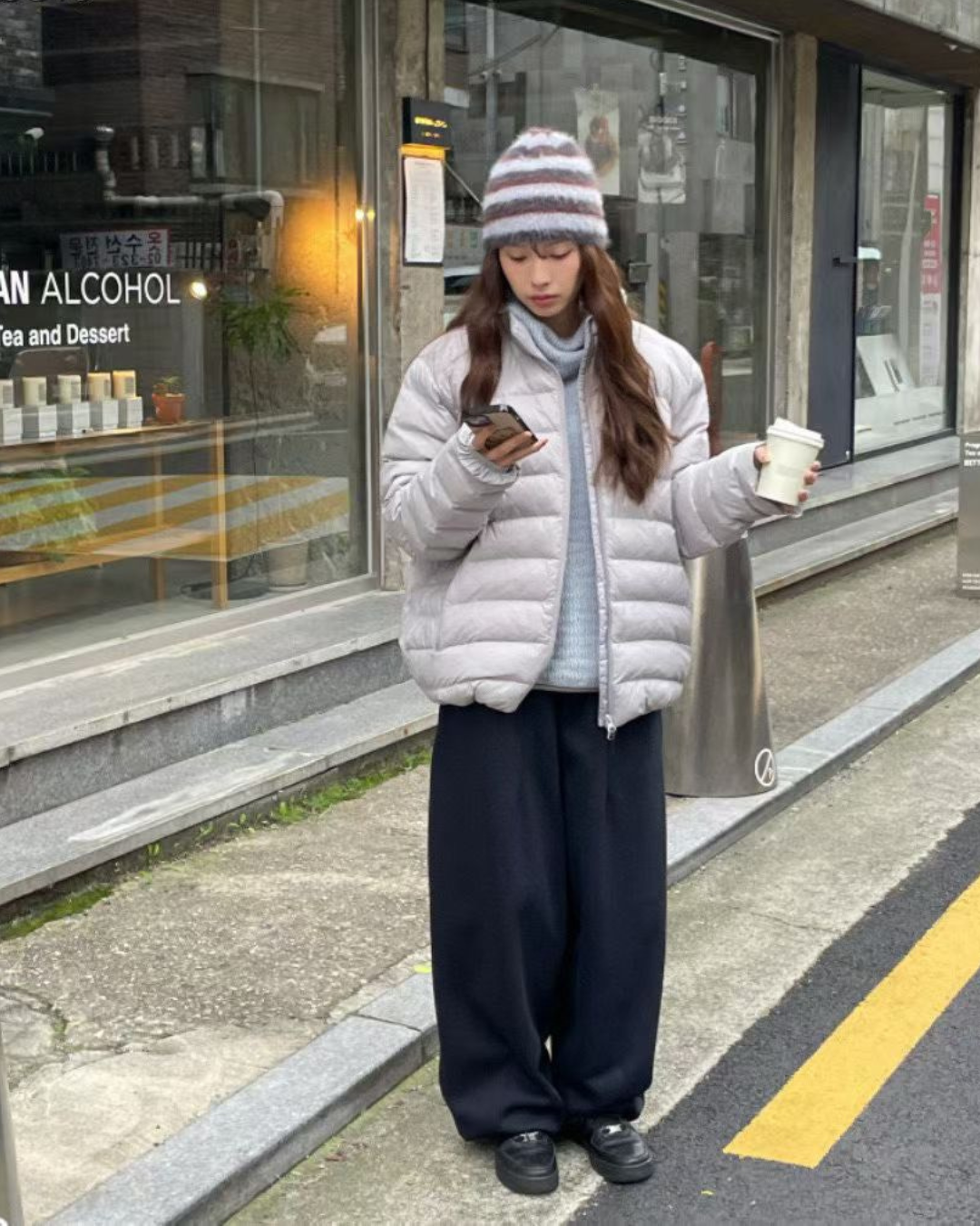 霧感毛絨條紋針織帽