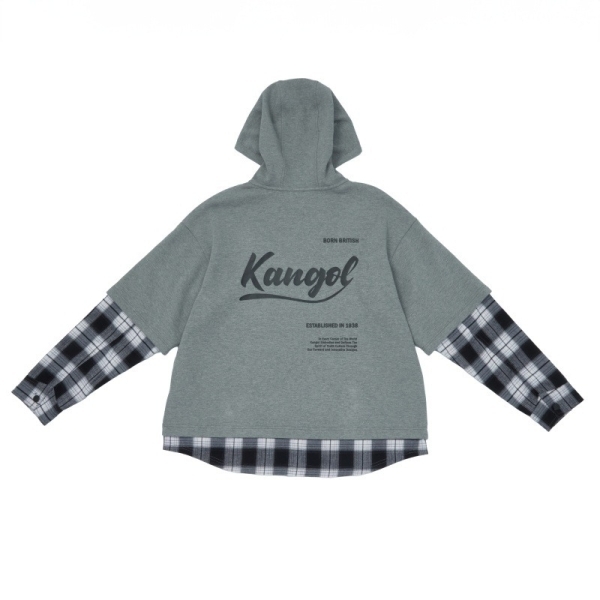 KANGOL 外套 灰 格紋 假兩件 連帽 中性 6455142211