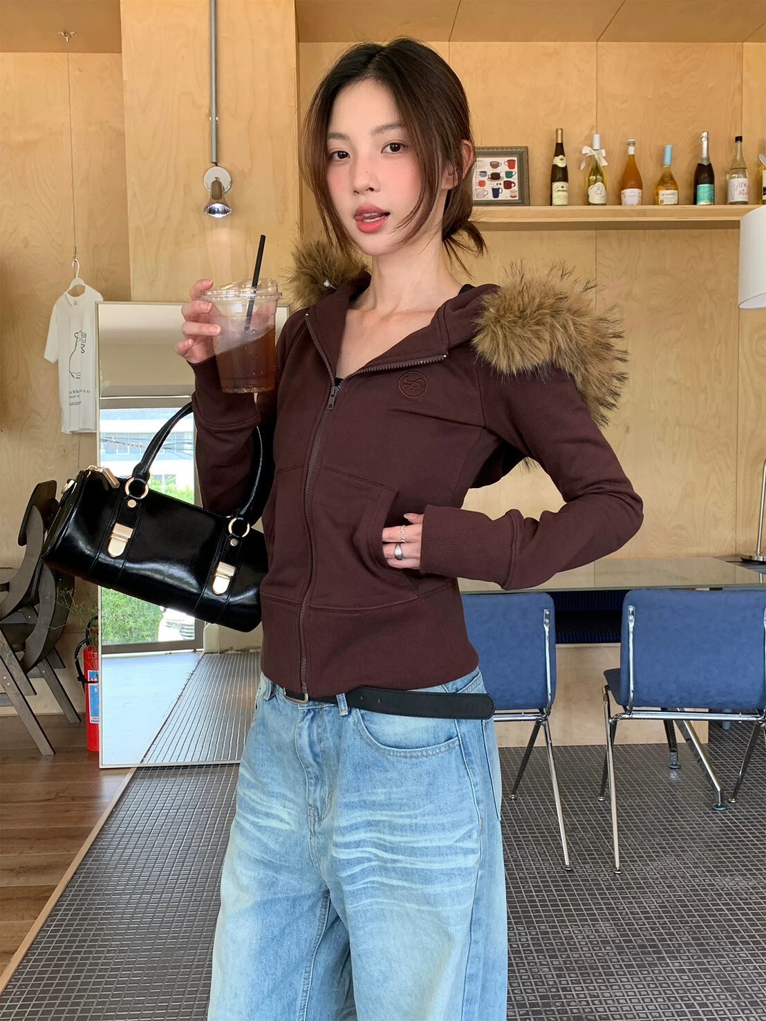 毛領連帽拉鍊外套