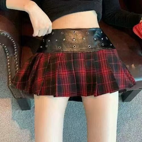 格子拚皮短裙