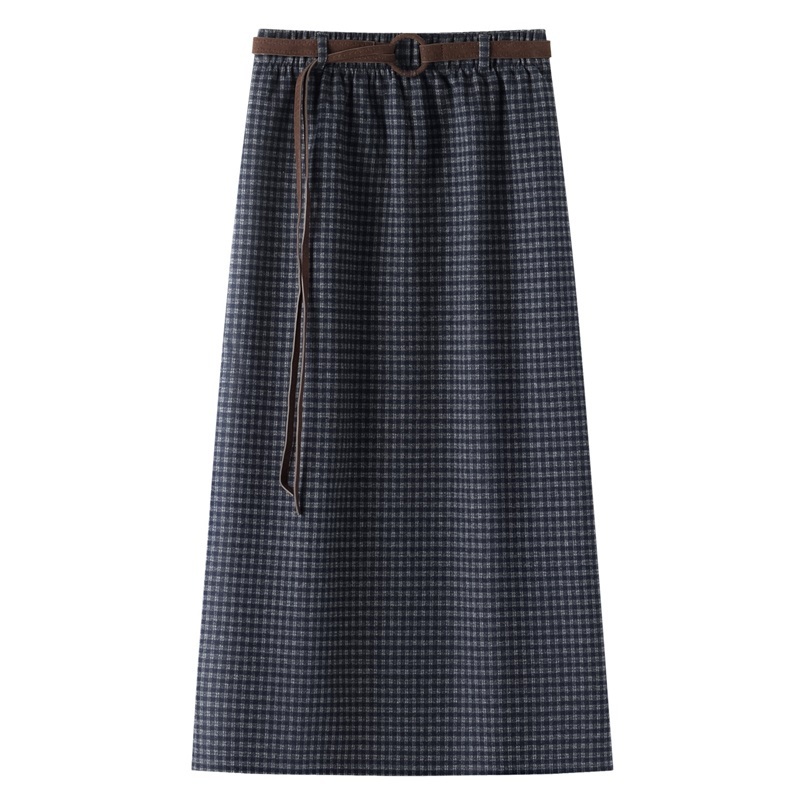 咖啡M【零碼出清不退換】毛呢細格紋中長裙