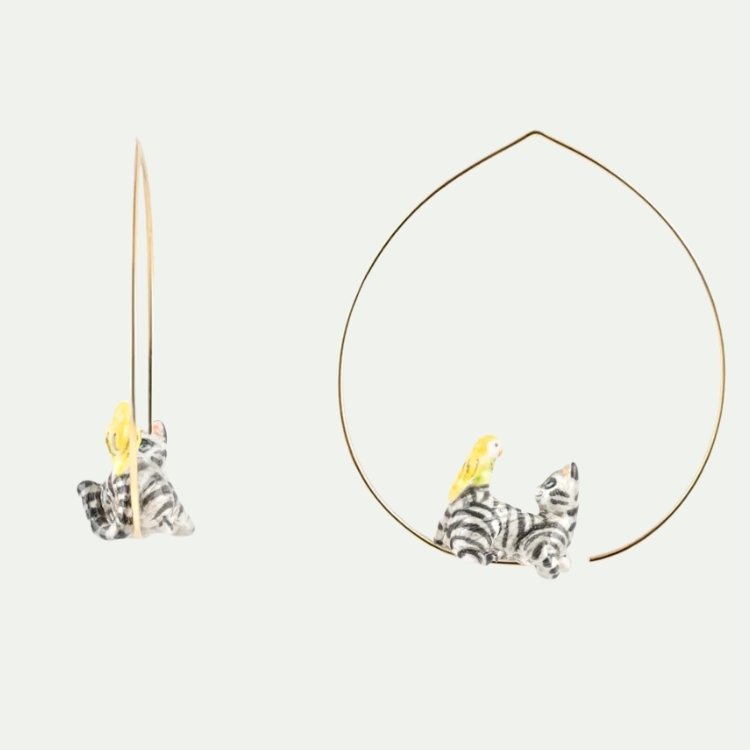 小鳥兒與灰貓圈型耳環