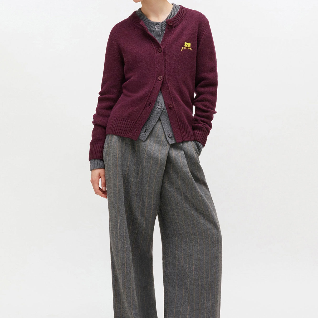 1VT1119-003 GANNI Wool Mix Cardigan Burgundy #K2593 (C-EU-E)