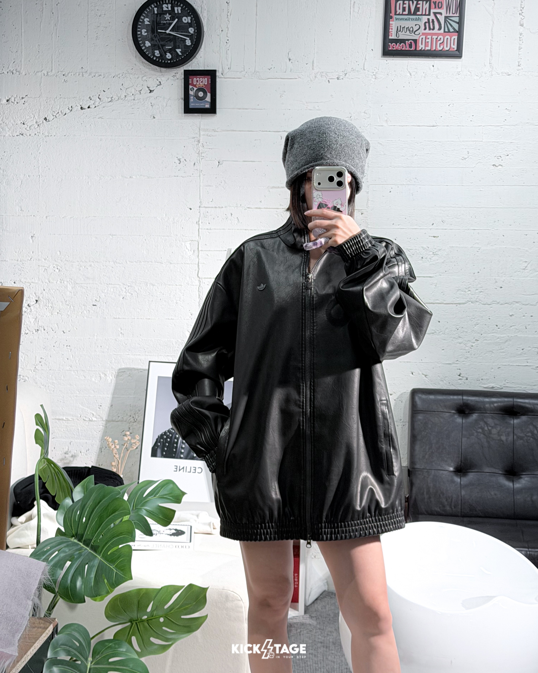 女款 ADIDAS FIREBIRD OVERSIZE JACKET 黑色 袁一琦同款 立領 三葉草 寬鬆 休閒 運動 仿皮夾克 外套【JW7326】ADLP