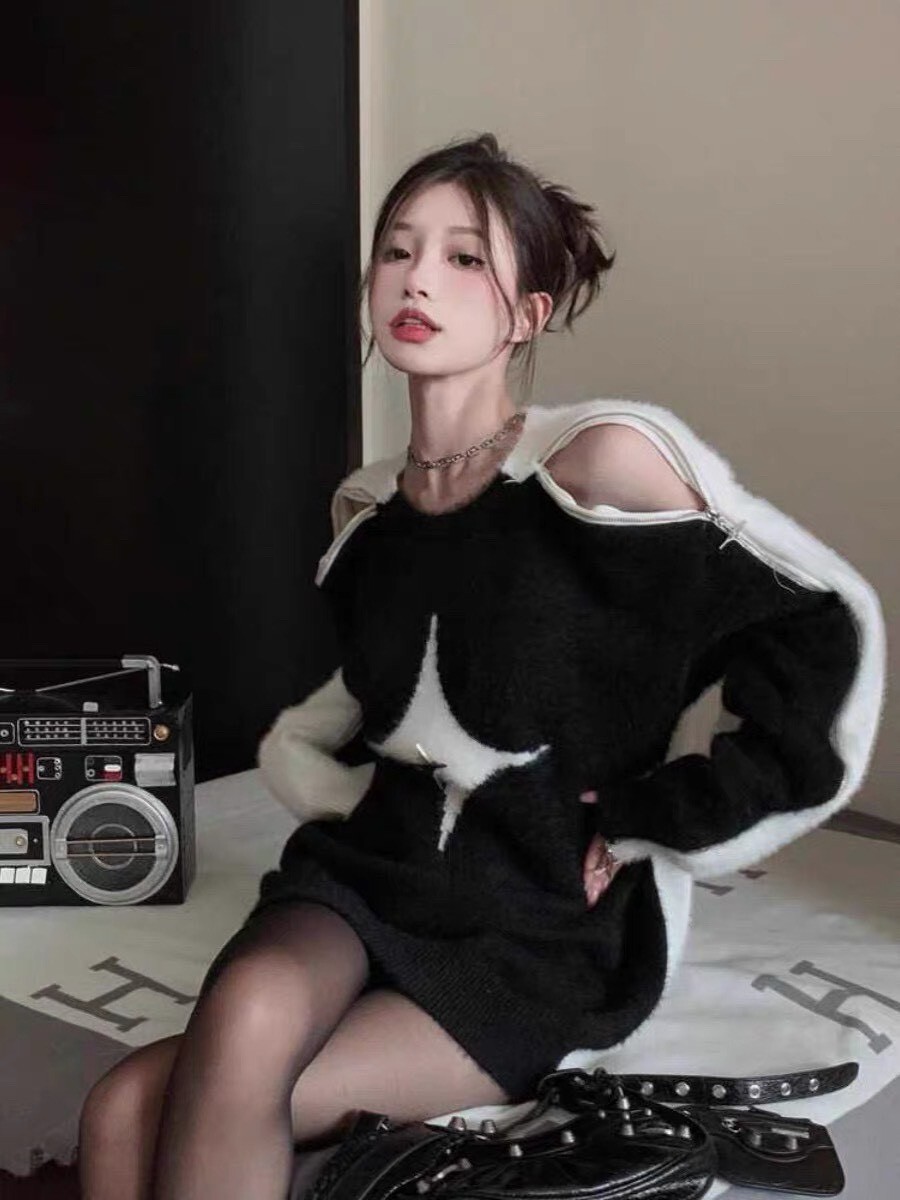 十字肩拉鍊針織T