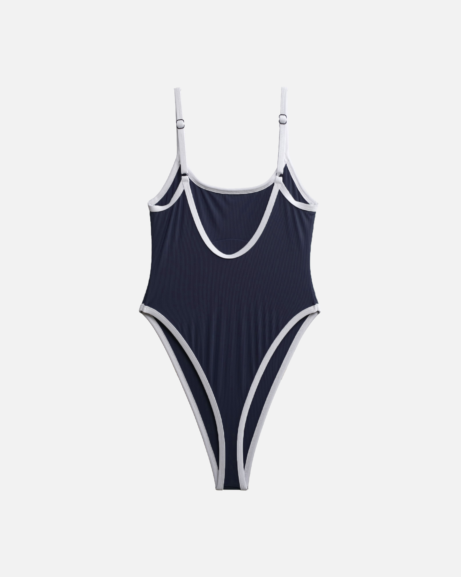 【羅紋深夜藍x素白邊】ioo 細肩U領無墊高衩丁字連身泳裝
