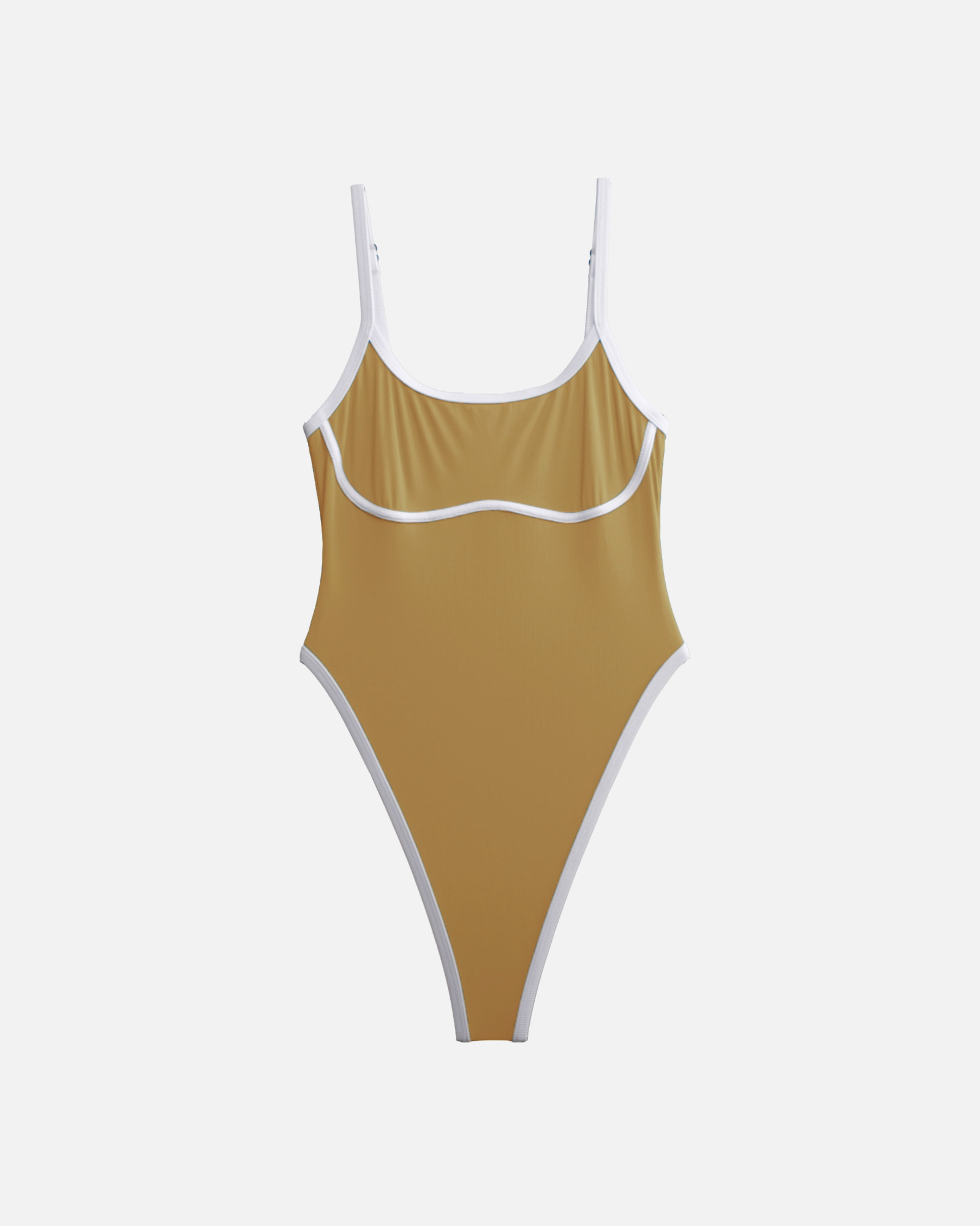 【羅紋陶褐x素白邊】ioo 細肩U領無墊高衩丁字連身泳裝