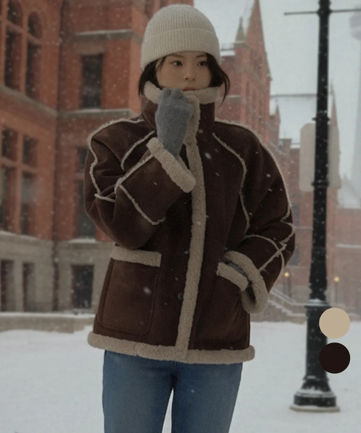 TILLIDIE High-Neck Line Wool Shearling Mustang