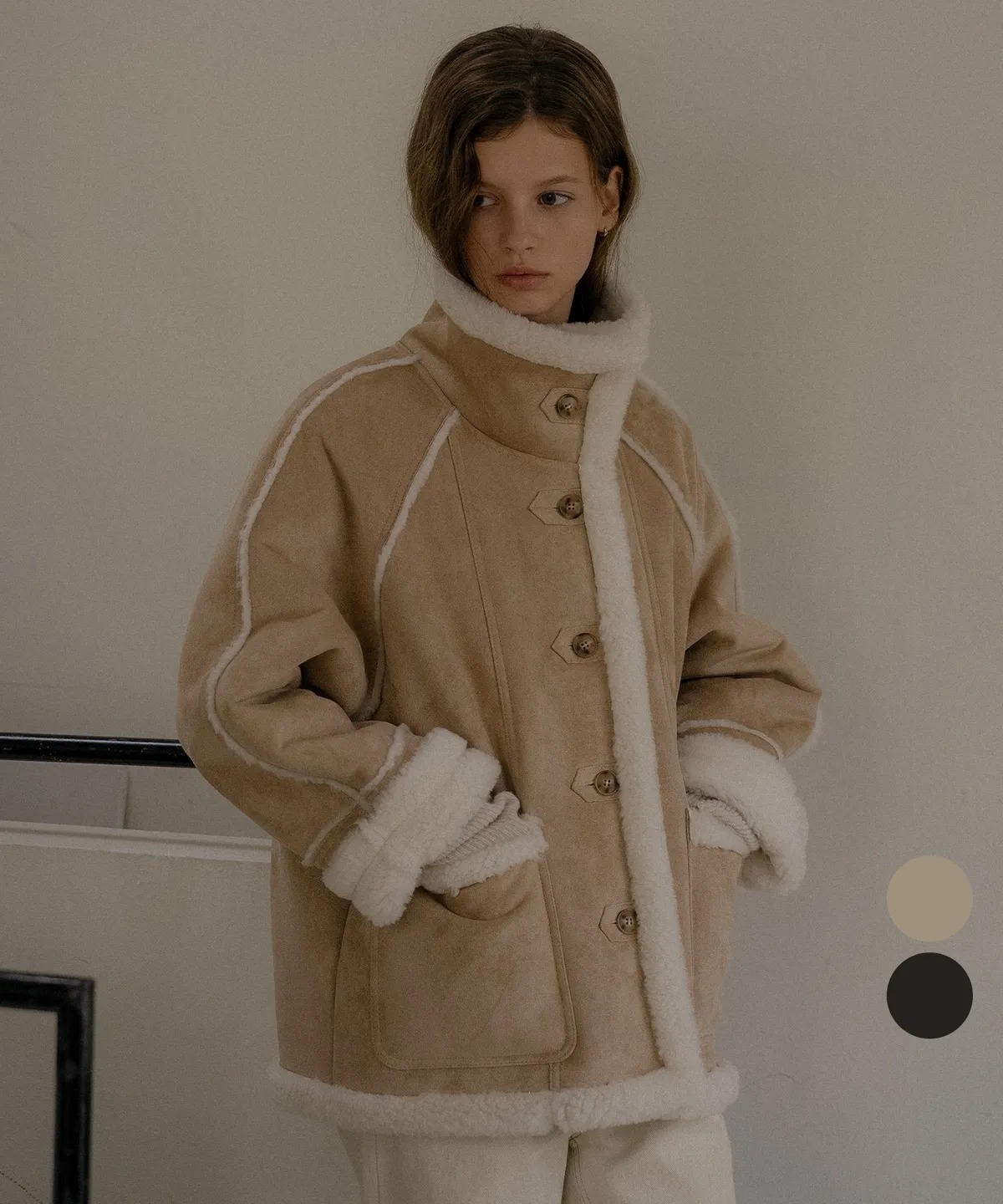 TILLIDIE High-Neck Line Wool Shearling Mustang