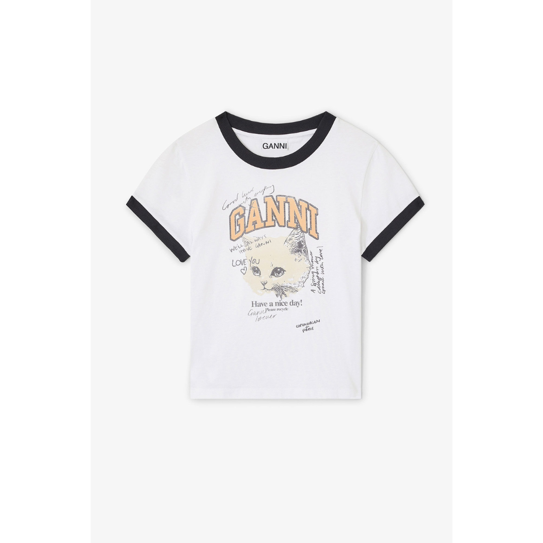 1VT1119-005 GANNI Cropped Kitty T-shirt White #T4336 (C-EU-E)