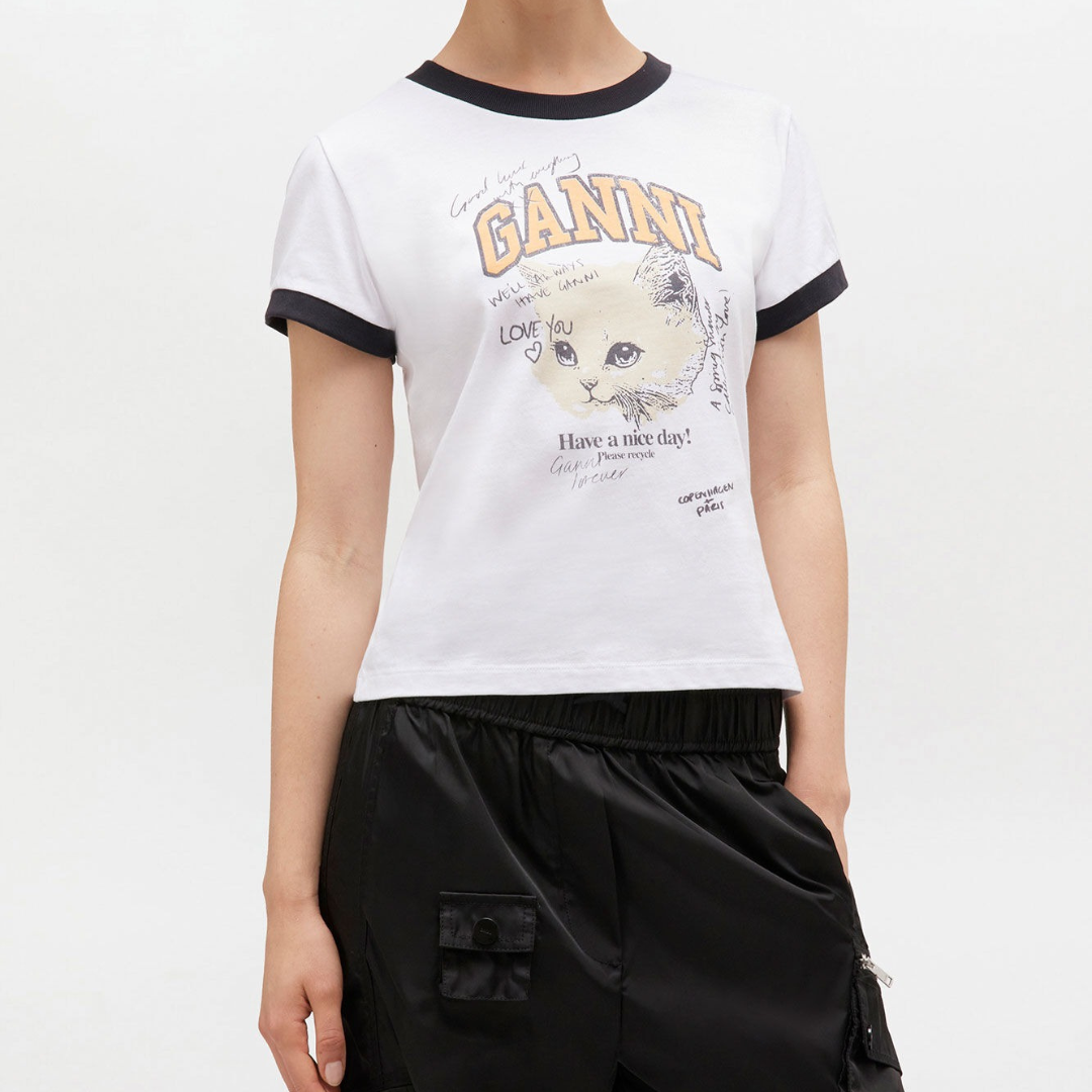 1VT1119-005 GANNI Cropped Kitty T-shirt White #T4336 (C-EU-E)