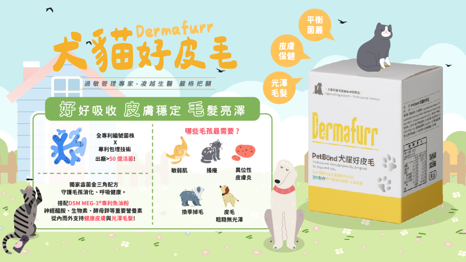 PetBond犬貓好皮毛Dermafurr｜幫助毛孩保健皮膚亮澤毛髮平衡免疫的專利益生菌配方，過敏管理專家凌越生醫嚴格把關。