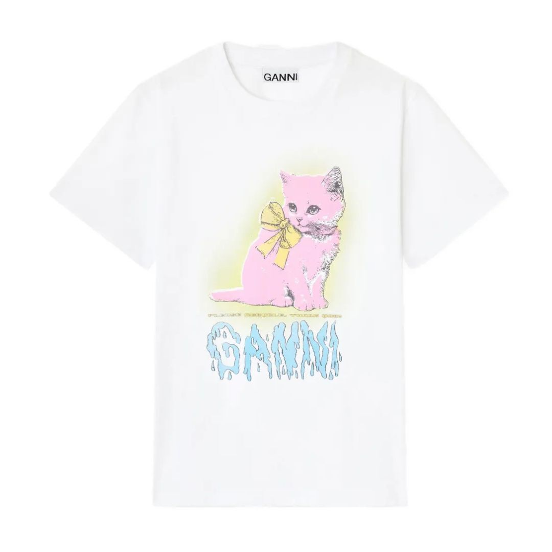 1VT1119-044 GANNI White Kitty T-shirt #T4339/151 Bright White/Program 3575 (C-EU-E)