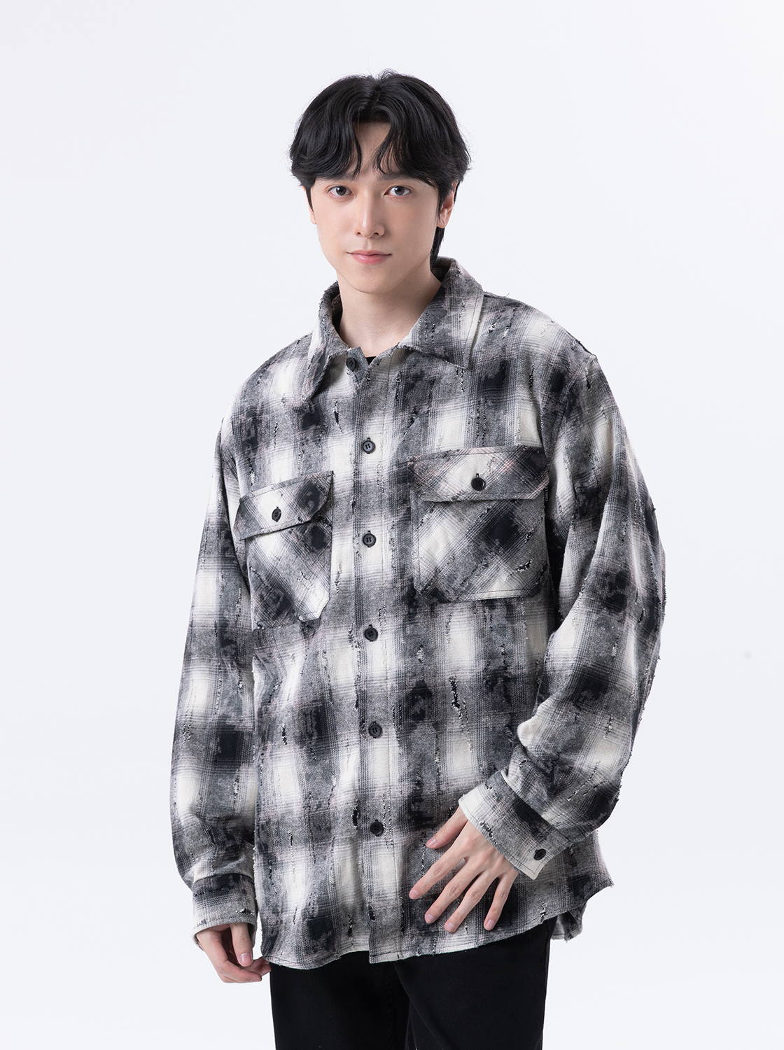 【第二件5折】刷破水洗感大格紋外套