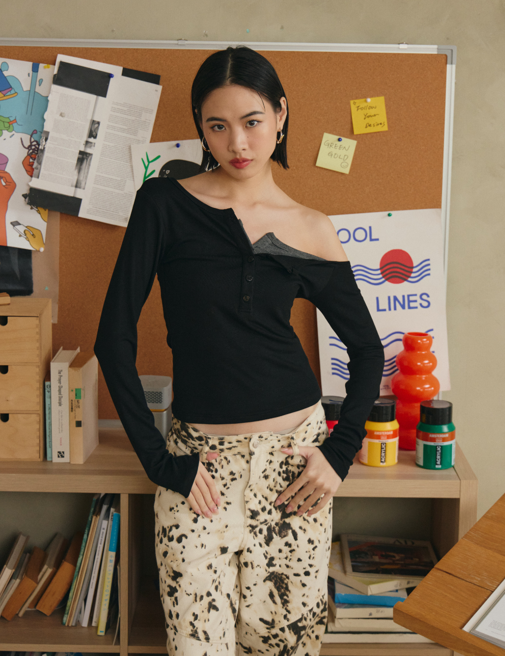 斜肩假兩件長袖上衣（3尺寸）