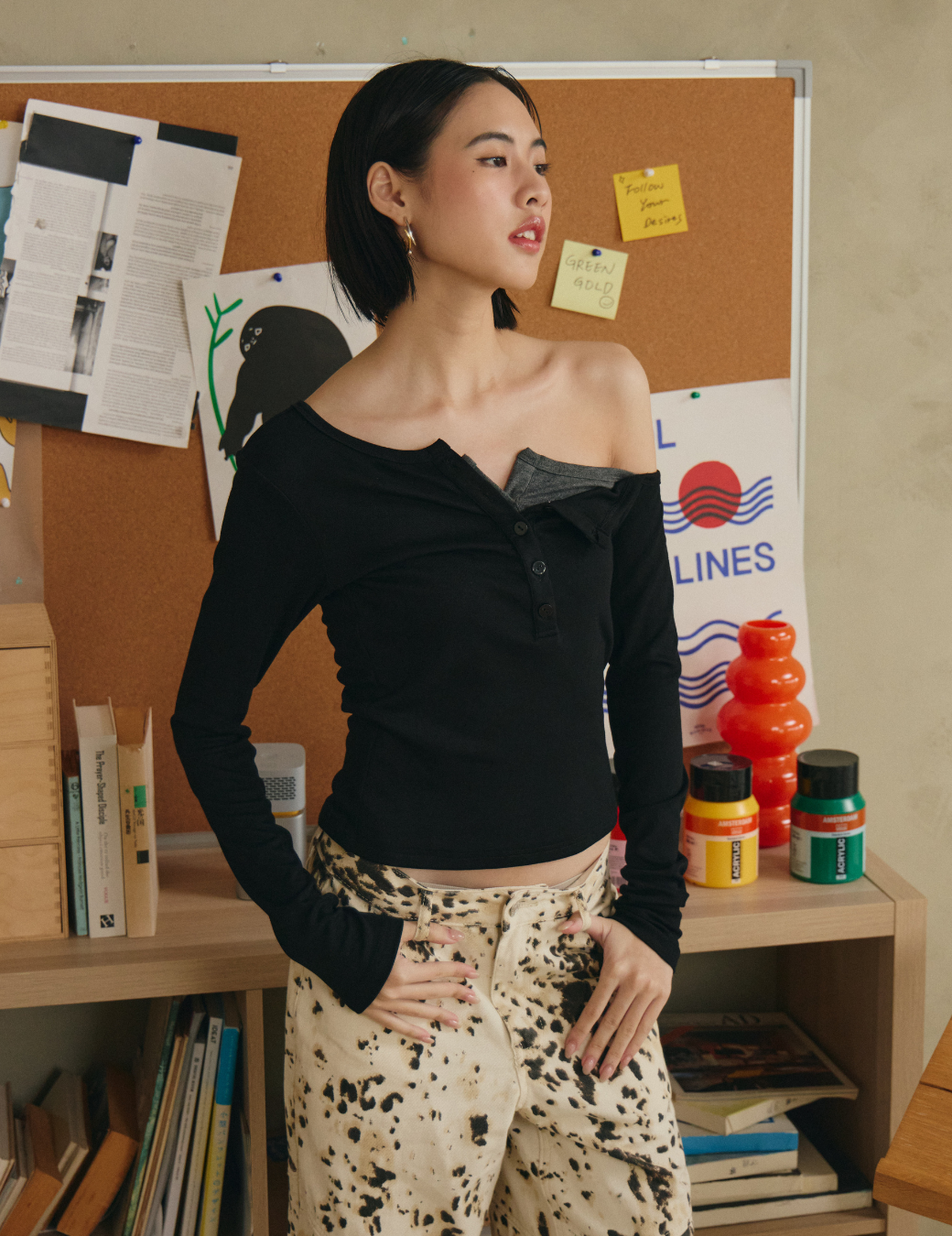 斜肩假兩件長袖上衣（3尺寸）