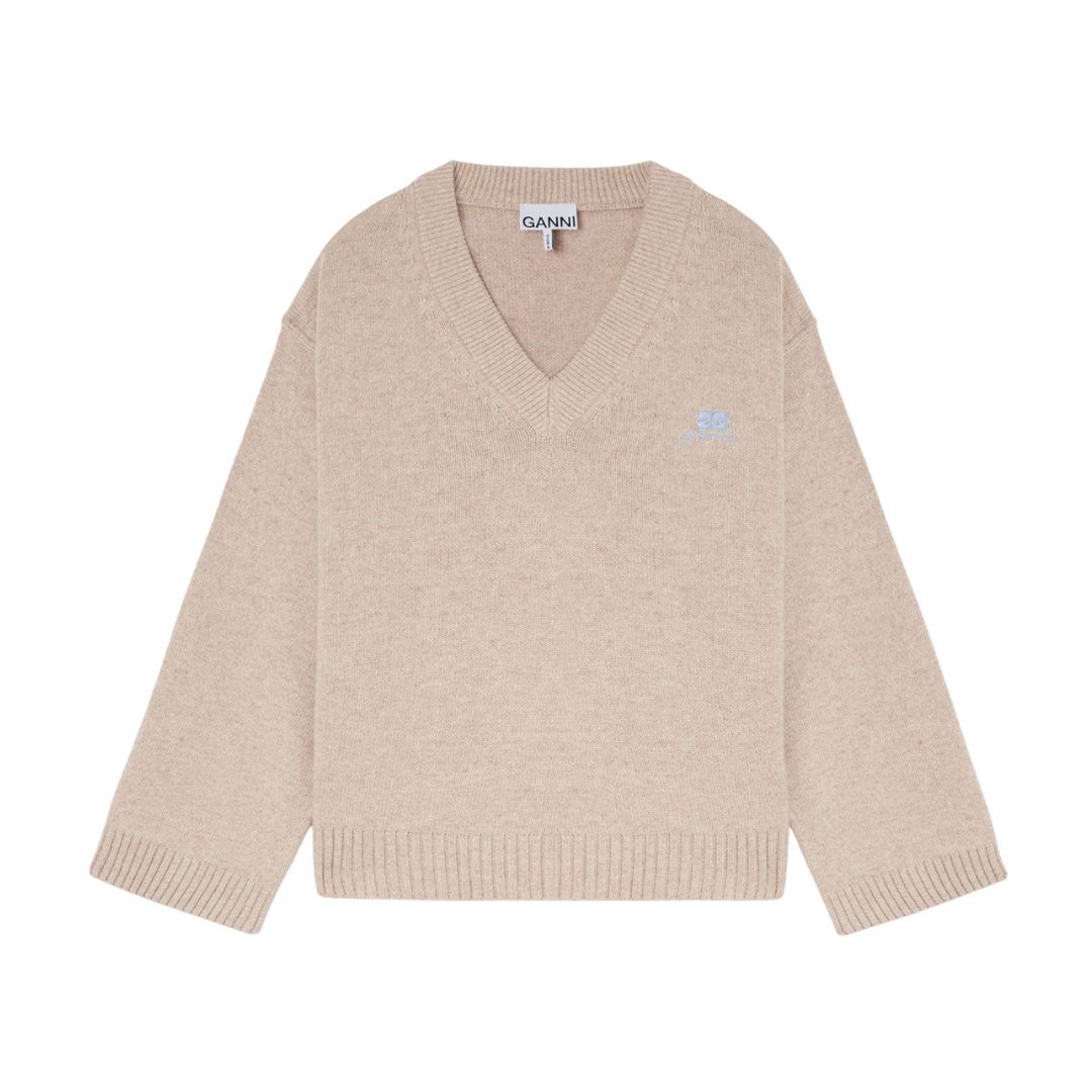 1VT1119-043 GANNI Beige Wool Mix V-neck Jumper #K2591/934 Sand/Program 2700 (C-EU-E)