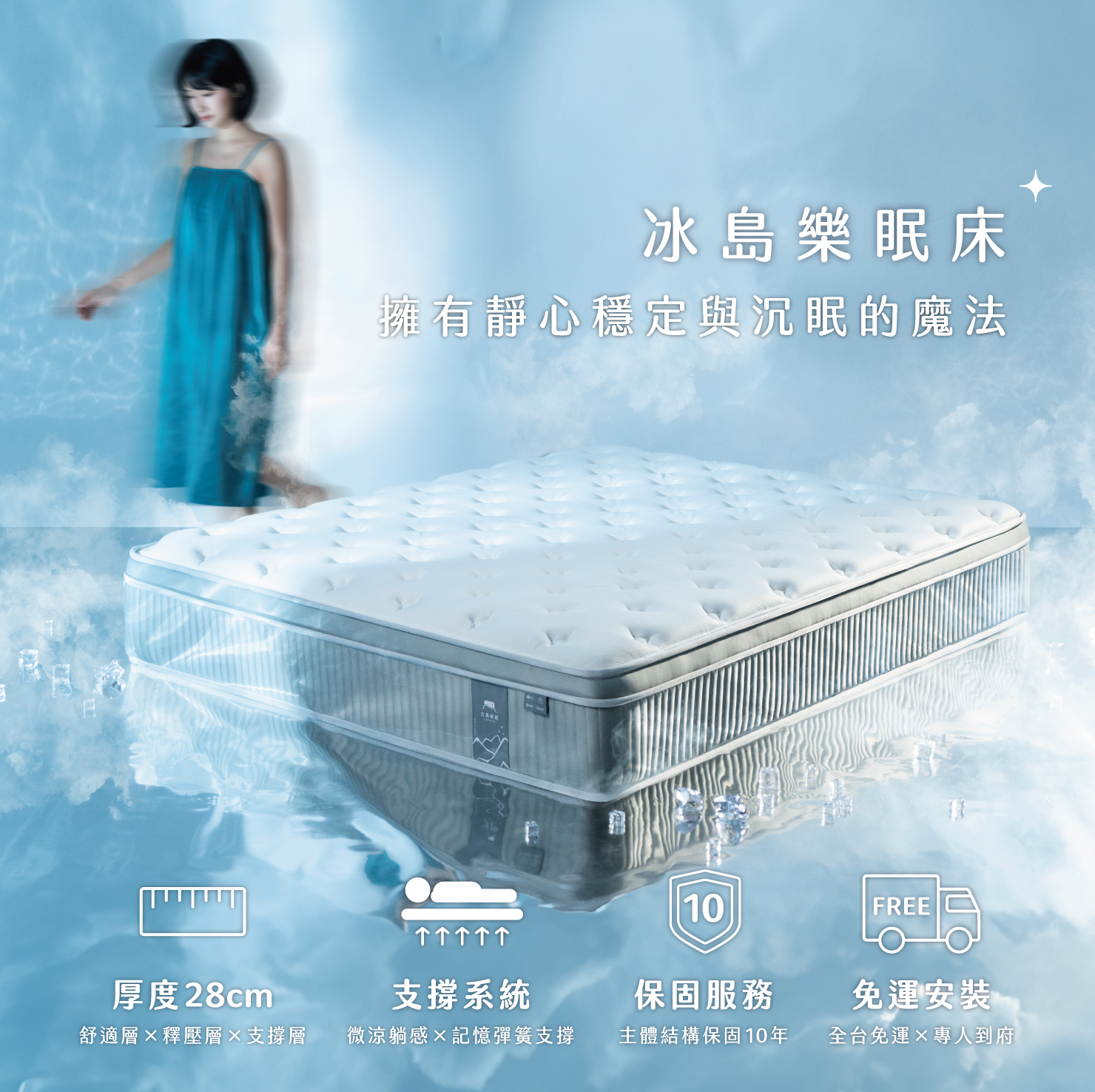 LOVEFU 冰島樂眠床｜深層微涼與穩定承托的開場氛圍視覺，讓身體先靜下來再入睡