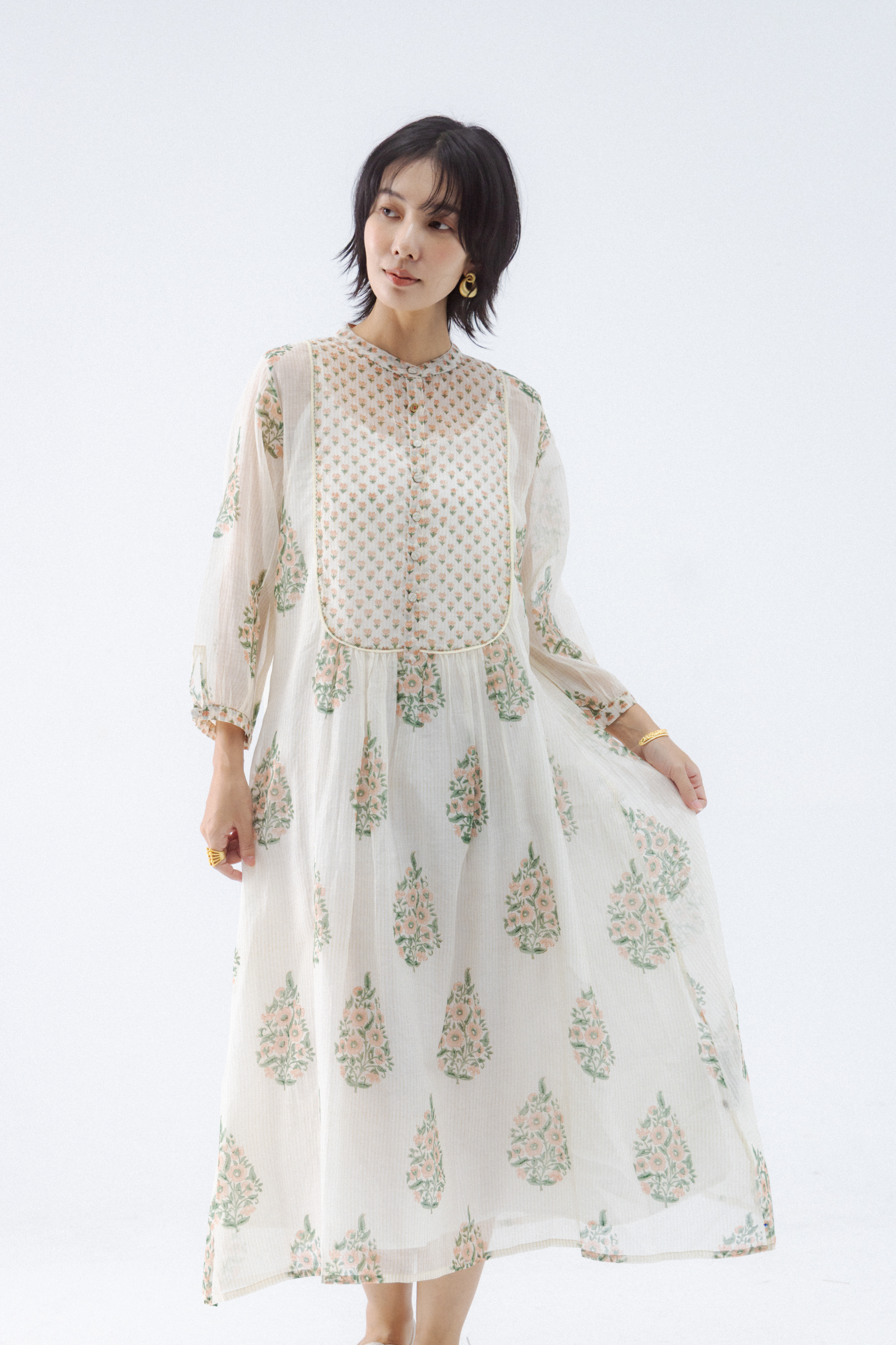 【Lotus veda】中山領蓋印圖騰絲棉洋裝