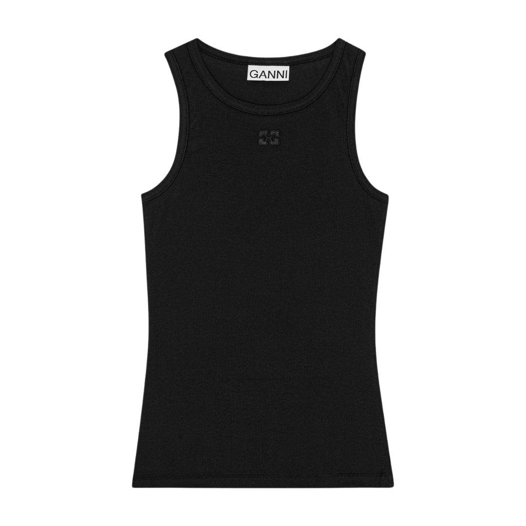 1VT1119-027 GANNI Soft Cotton Rib Tank Top Black #T3898 (C-EU-E)