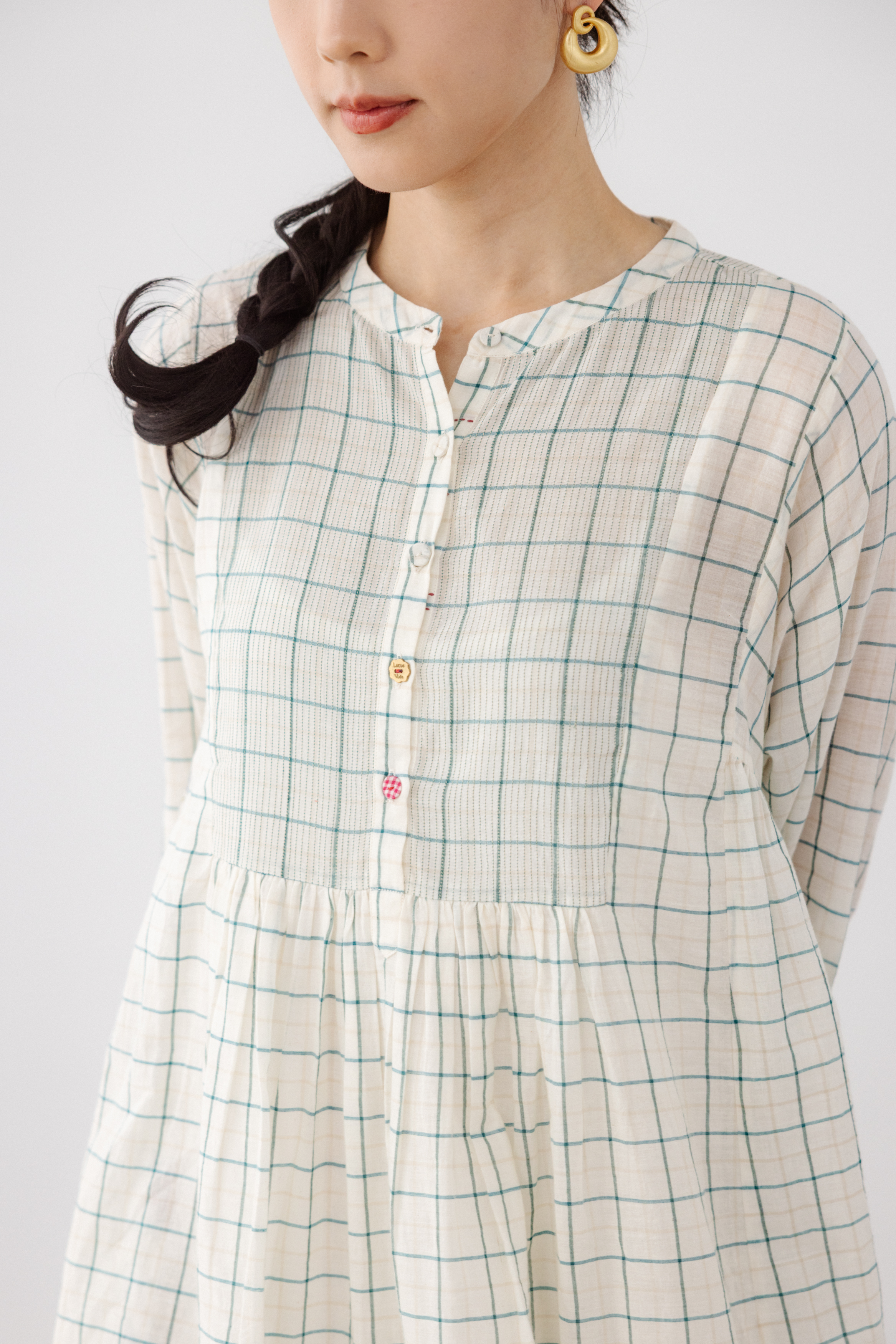 【Lotus veda】手織布蓋印白色格子七分袖洋裝