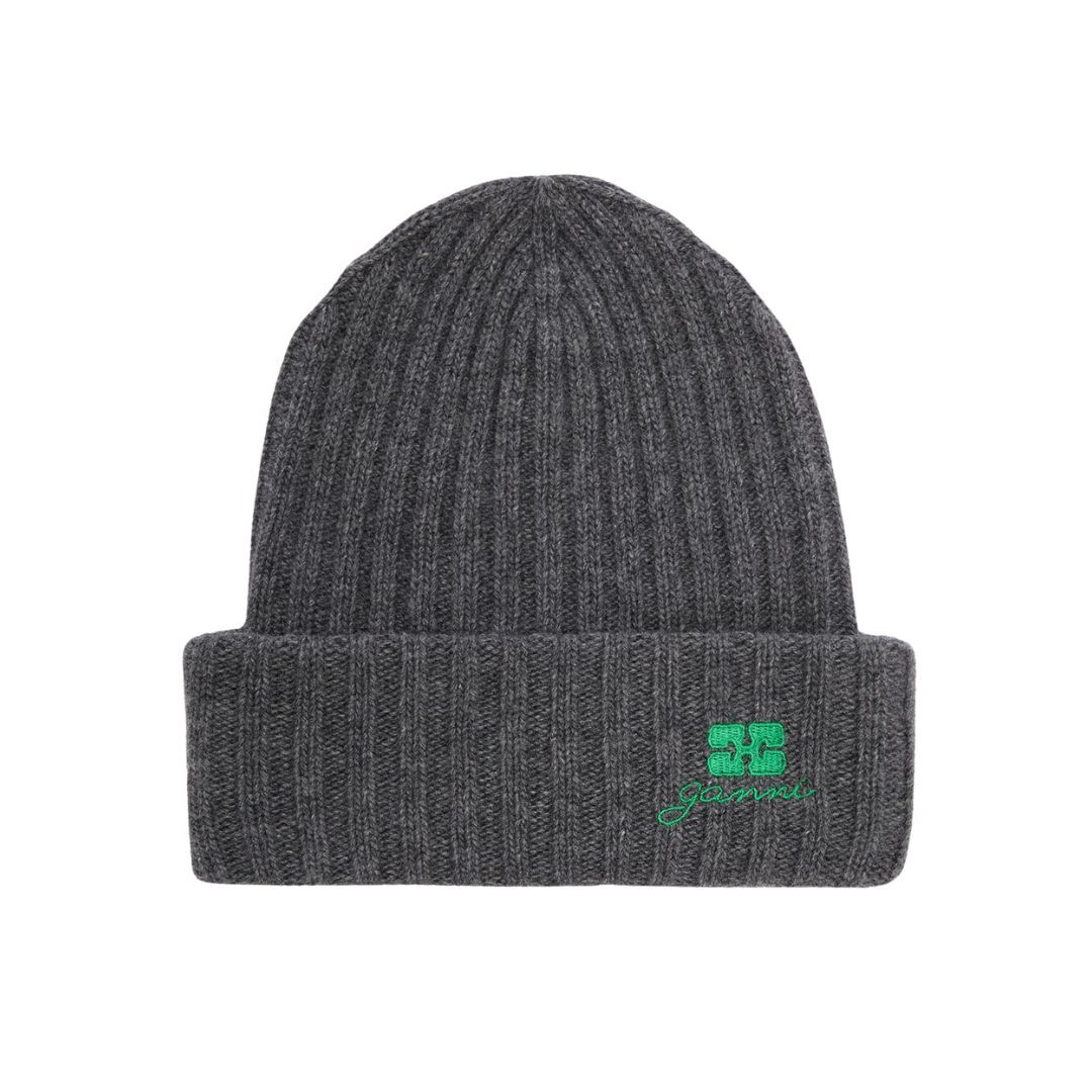 1VT1119-047 GANNI Grey Wool Knit Beanie#A6928/220 Charcoal Grey/Program 5953 (P-EU-E)