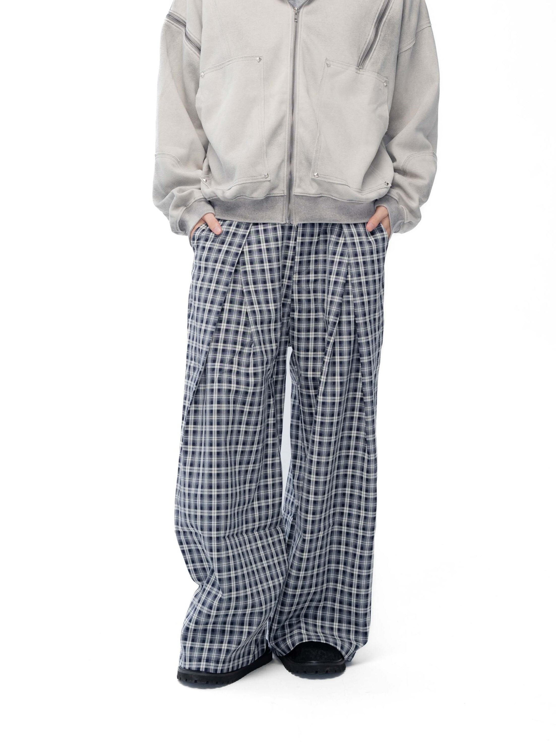 ACR 都會 摺線 格紋 立體 闊腿 長褲