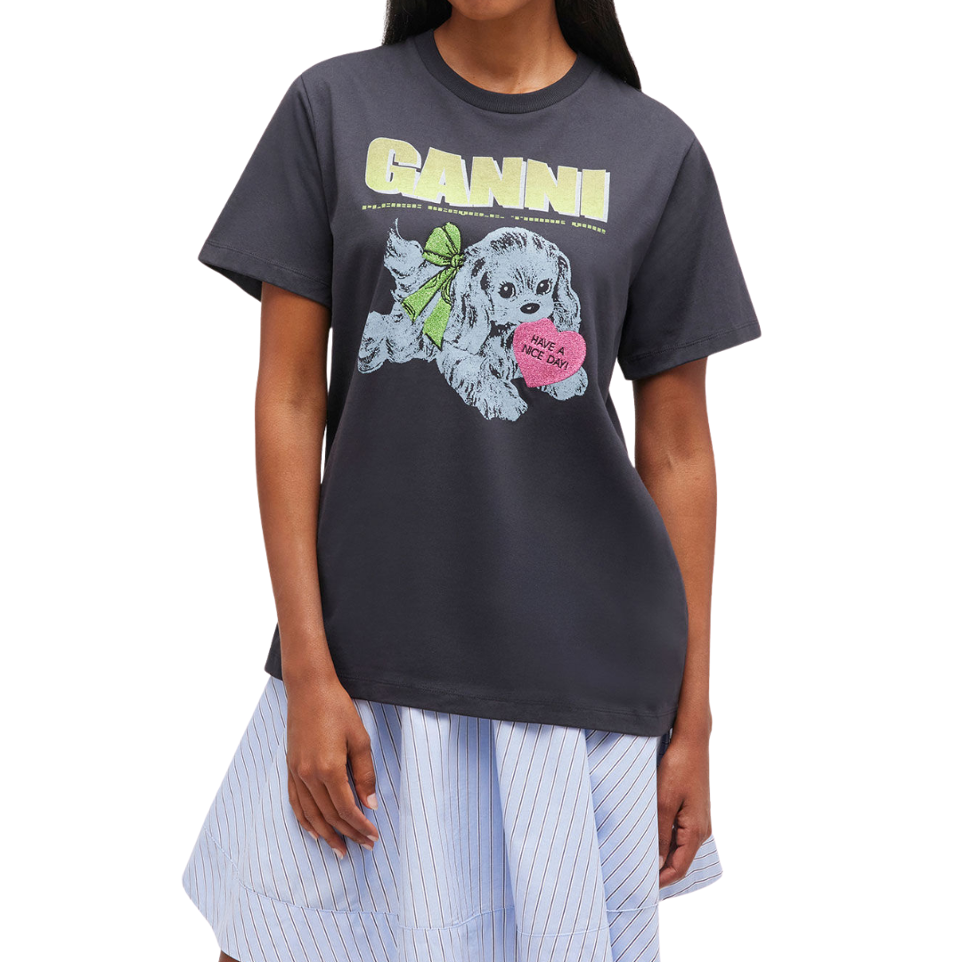 1VT1119-028 GANNI Puppy T-Shirt Black #T4333 (C-EU-E)