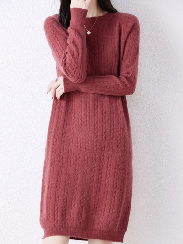 圓領麻花紋羊毛針織洋裝 五色