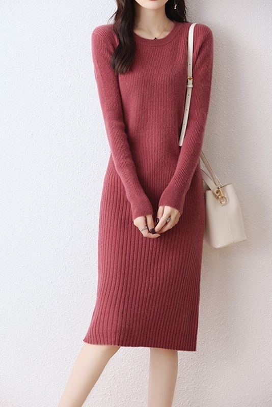 圓領層次坑條羊毛針織洋裝 五色