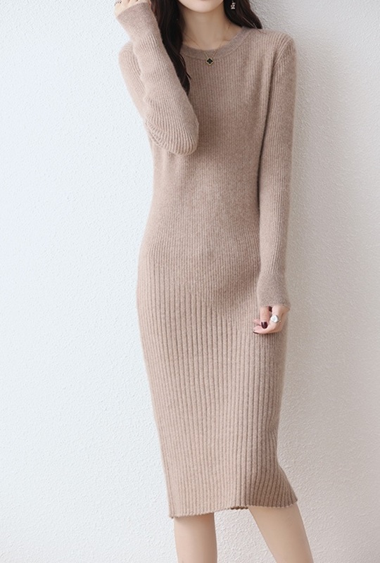 圓領層次坑條羊毛針織洋裝 五色