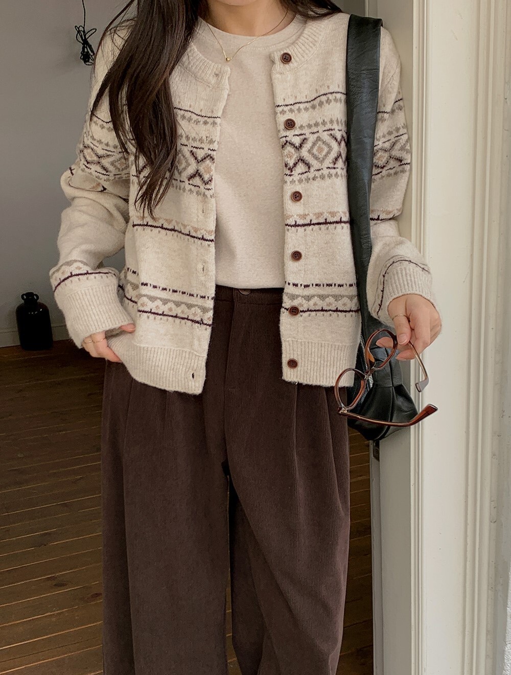 韓國grace muse授權 冬日雪映復古摩卡圖騰針織開襟衫