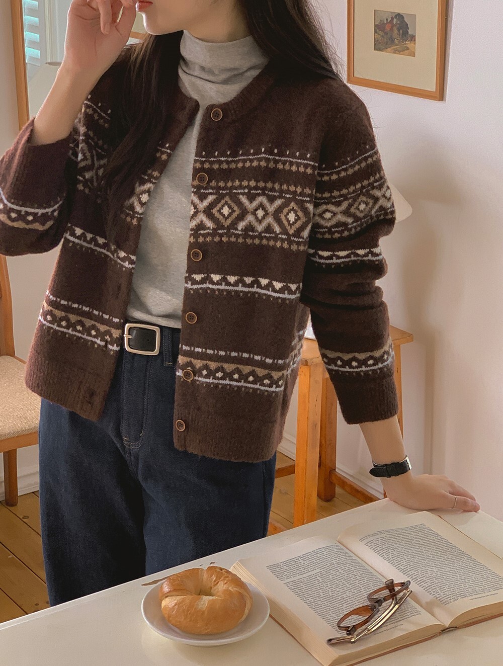 韓國grace muse授權 冬日雪映復古摩卡圖騰針織開襟衫