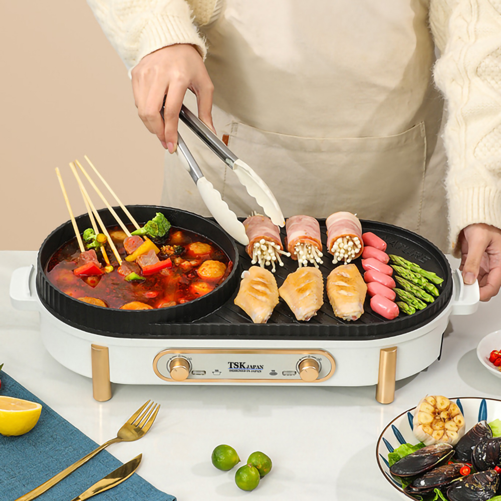 日本TSK 家用韓式火鍋燒烤一體鍋多功能烤肉機室內盤爐涮烤無煙電烤盤 P3898