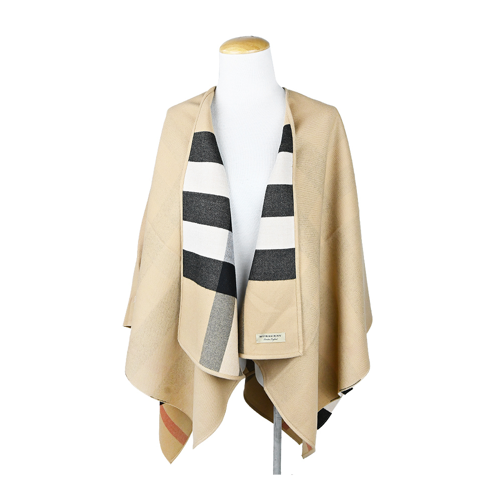 【JS’Maxx】BURBERRY 經典格紋雙色羊兩用毛披肩/斗篷(卡其)
