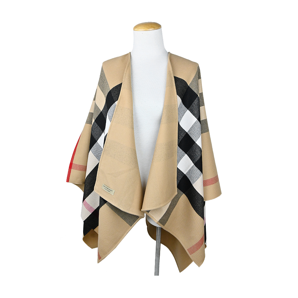【JS’Maxx】BURBERRY 經典格紋雙色羊兩用毛披肩/斗篷(卡其)