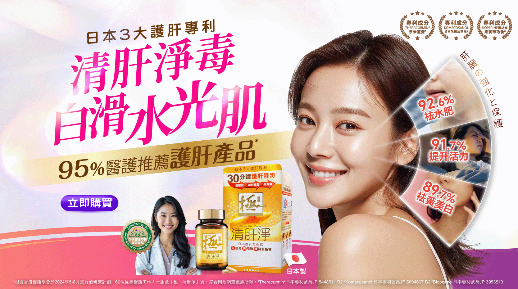 5.服食極．清肝淨  香港醫護實測，95%*香港醫護推薦，96.3%*醫護認同有效保護肝臟。89.7%*有效祛黃美白。更有90.9%醫護認同有效改善肌膚痕養問題。三大護肝專利”有助清肝淨白；先排毒，再降脂，後降肝指標。三大美白淡斑成分’，具抗氧化功能，有效清除自由基，防止肌膚氧化，同時抑制黑色素生成，促進新陳代謝，達致美白淡斑效果！