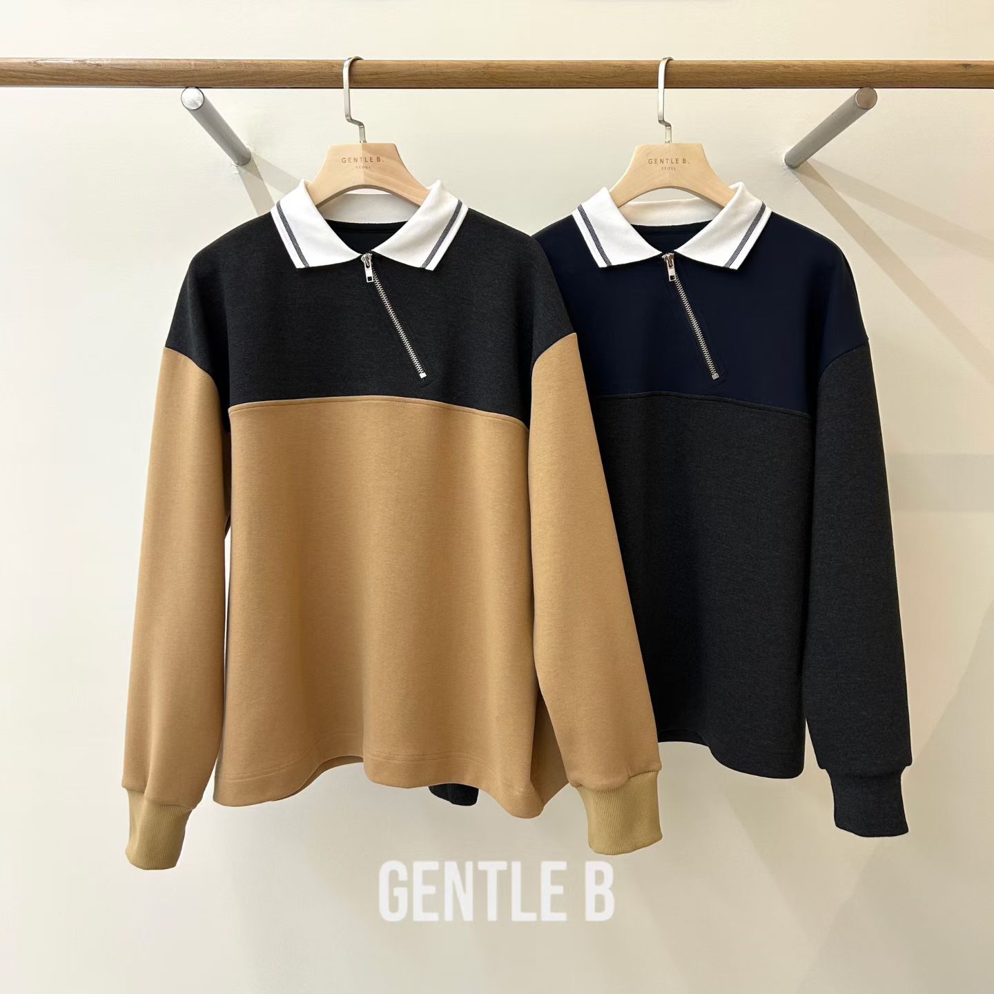 GB5233 上下撞色斜拉鏈翻領上衣