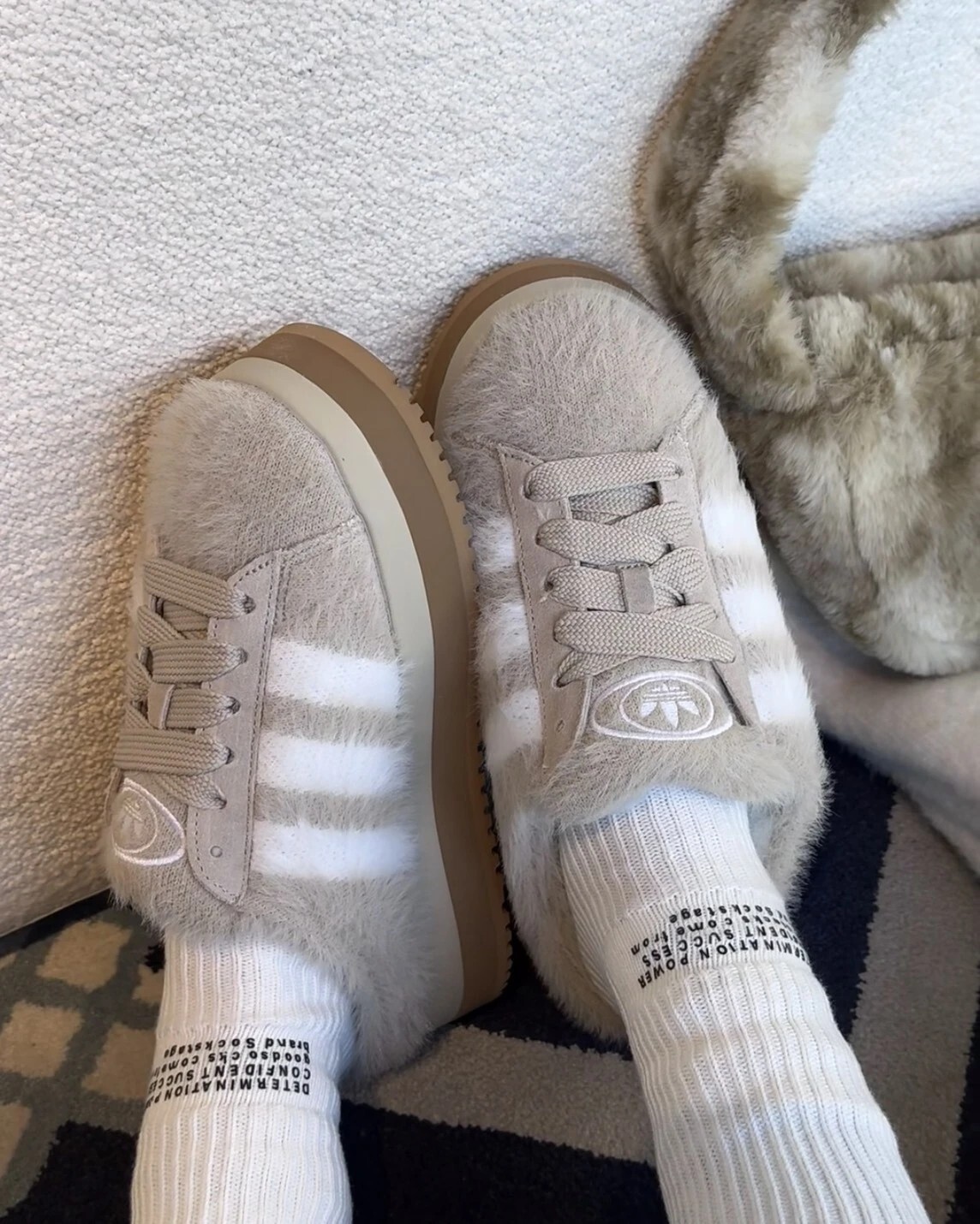 ADIDAS CAMPUS 奶茶棕 炸毛小貓 毛毛拖穆勒鞋