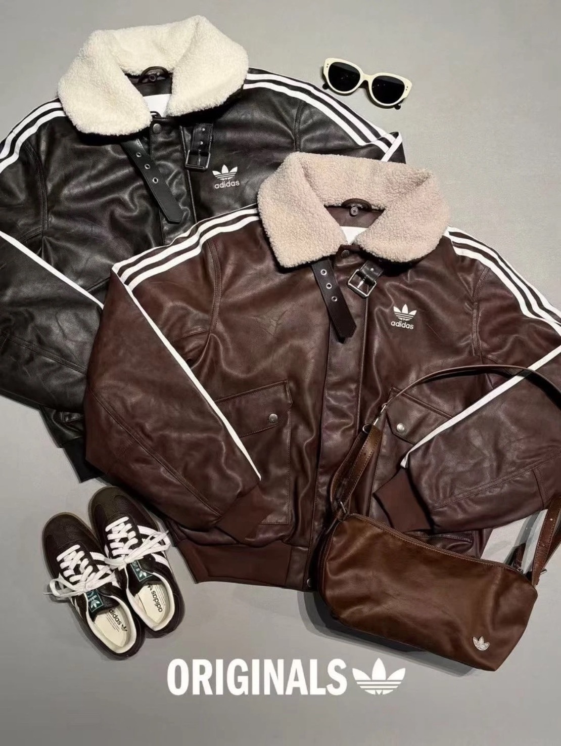 Adidas originals FW25 愛迪達 三線條 立領 毛絨絨 皮革外套 皮外套 外套 2色 KF3691/KF3692